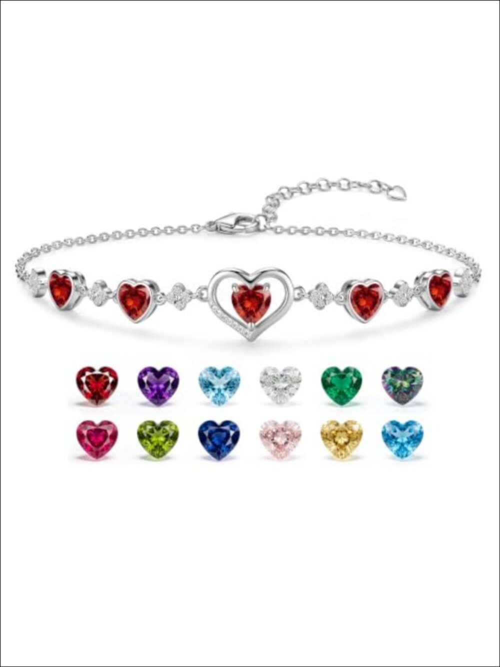 925 Sterling Silver Garnet Heart Charm Link Bracelet Adjustable 7-9"